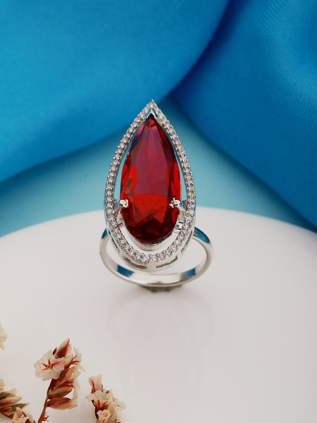 Silver Toned Red Ruby  CZ Minimal Luxe Finger Ring